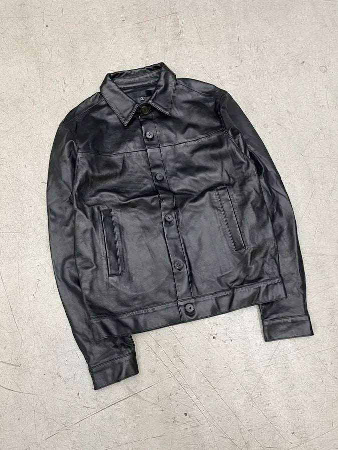 2016 Independant Black Leather Buttoned Trucker Jacket oFobZsZ 4