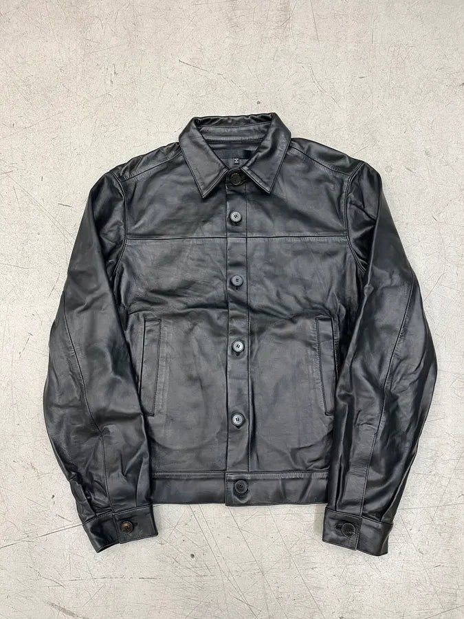 2016 Independant Black Leather Buttoned Trucker Jacket oFobZsZ 0
