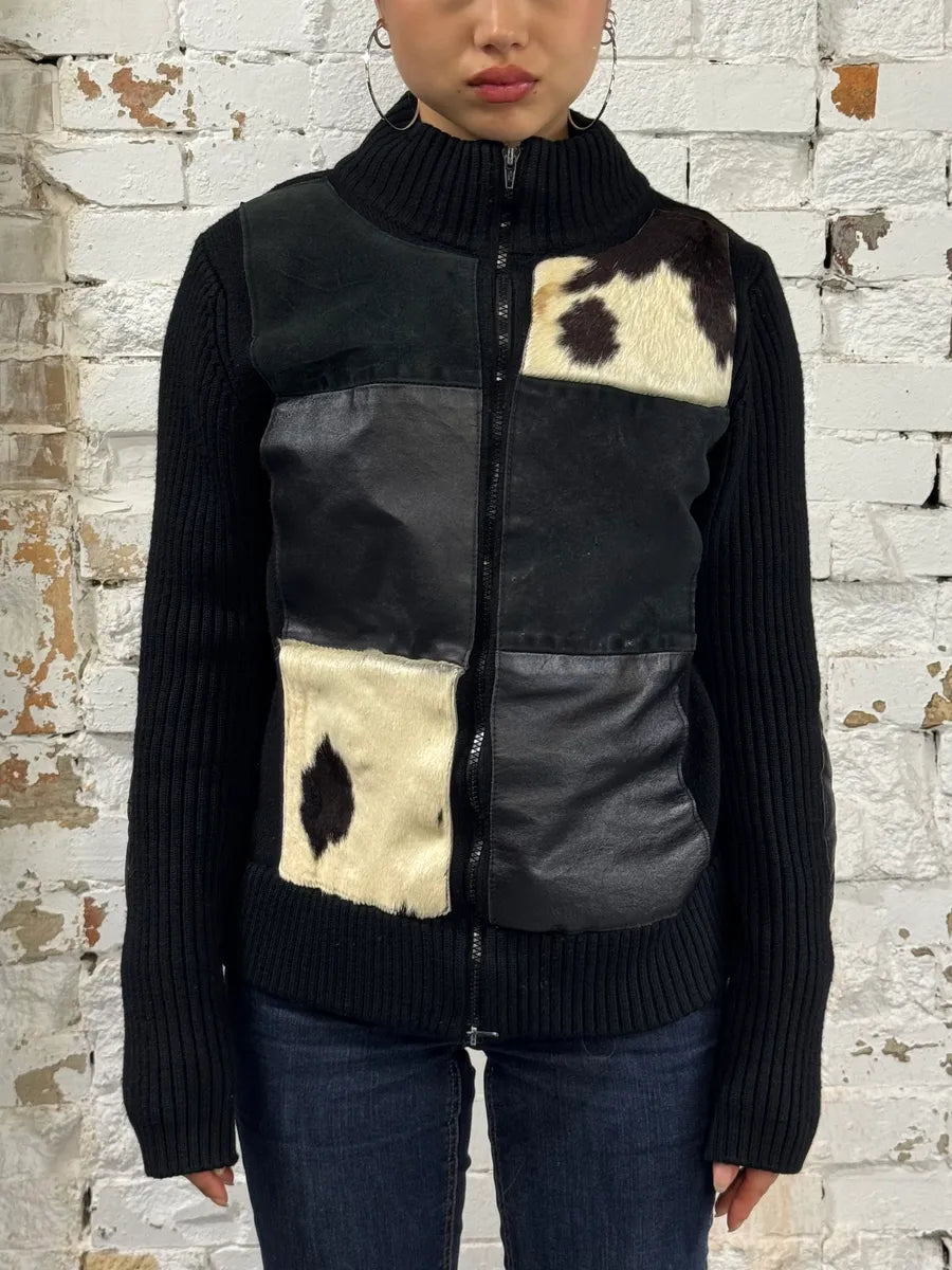 2000s Archive Black Wool Zip-up Pony Hair Sweater SoaNdqi 0