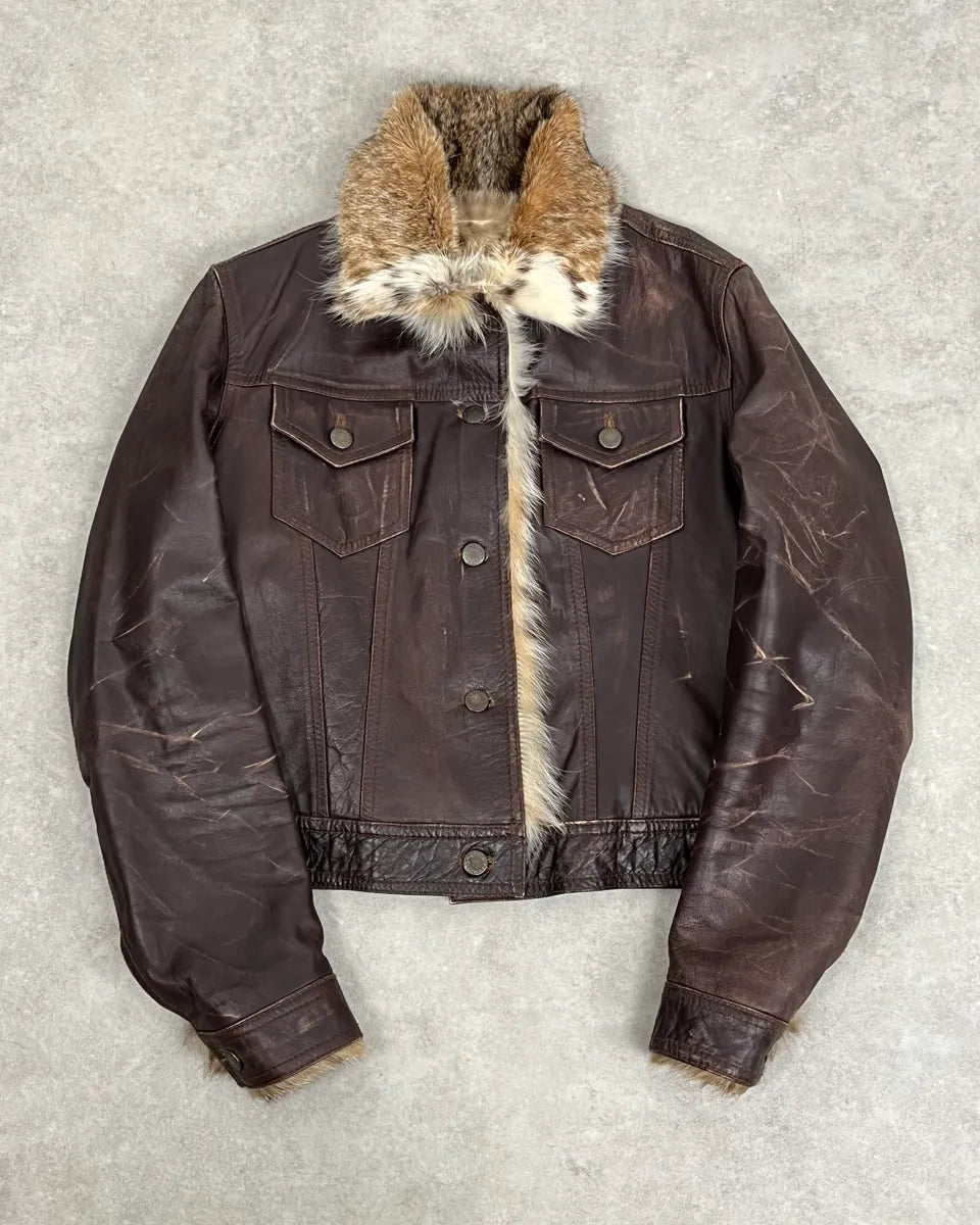 2000s Archive Brown Leather Faux Fur Trucker Jacket OMxylJp 0