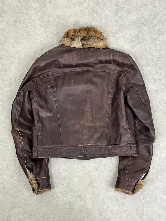 2000s Archive Brown Leather Faux Fur Trucker Jacket OMxylJp 5