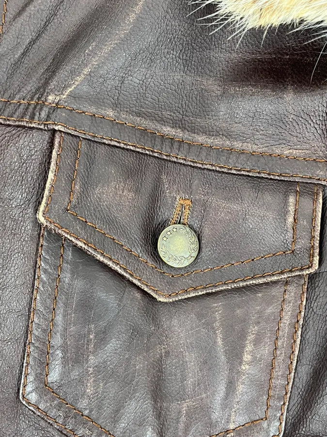 2000s Archive Brown Leather Faux Fur Trucker Jacket OMxylJp 8