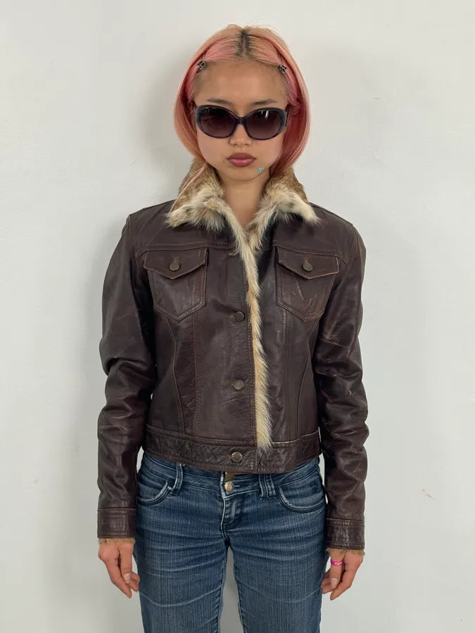 2000s Archive Brown Leather Faux Fur Trucker Jacket OMxylJp 1