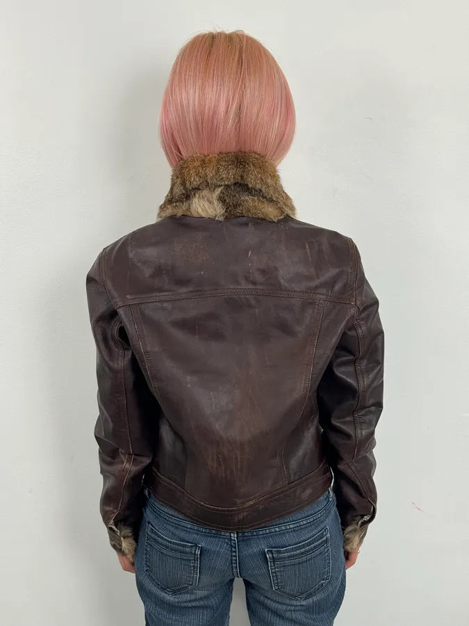 2000s Archive Brown Leather Faux Fur Trucker Jacket OMxylJp 2
