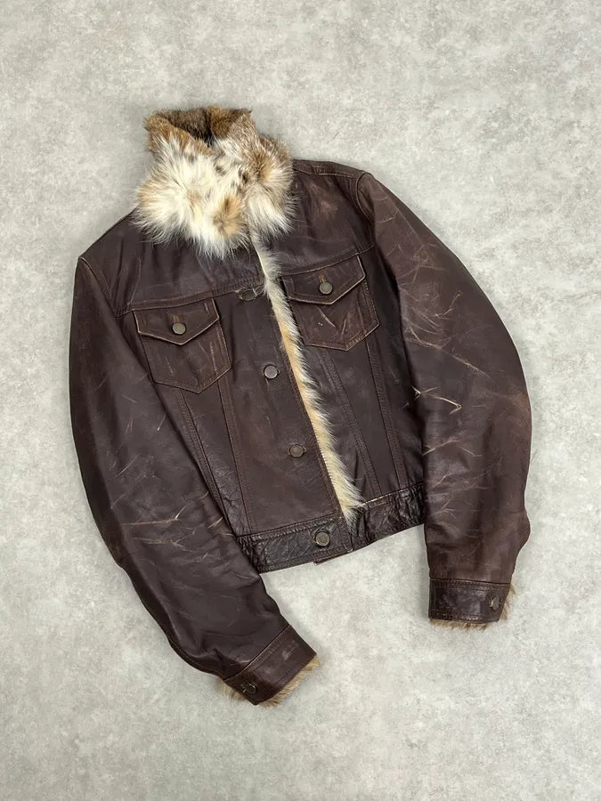 2000s Archive Brown Leather Faux Fur Trucker Jacket OMxylJp 4