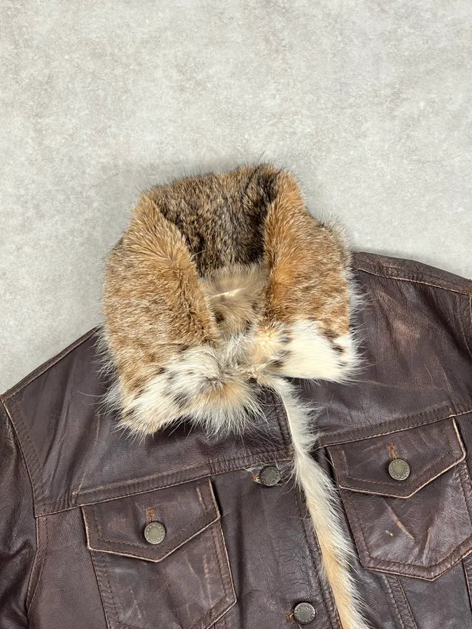 2000s Archive Brown Leather Faux Fur Trucker Jacket OMxylJp 3