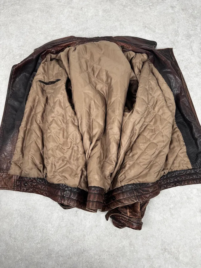 2000s Archive Brown Naval Eroded Leather Jacket oyUGRvc 8