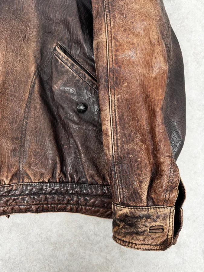 2000s Archive Brown Naval Eroded Leather Jacket oyUGRvc 9