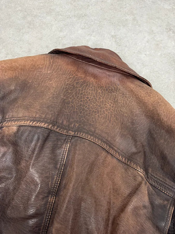 2000s Archive Brown Naval Eroded Leather Jacket oyUGRvc 7