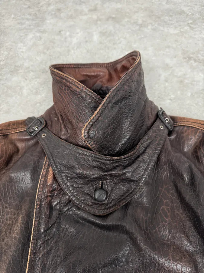 2000s Archive Brown Naval Eroded Leather Jacket oyUGRvc 6