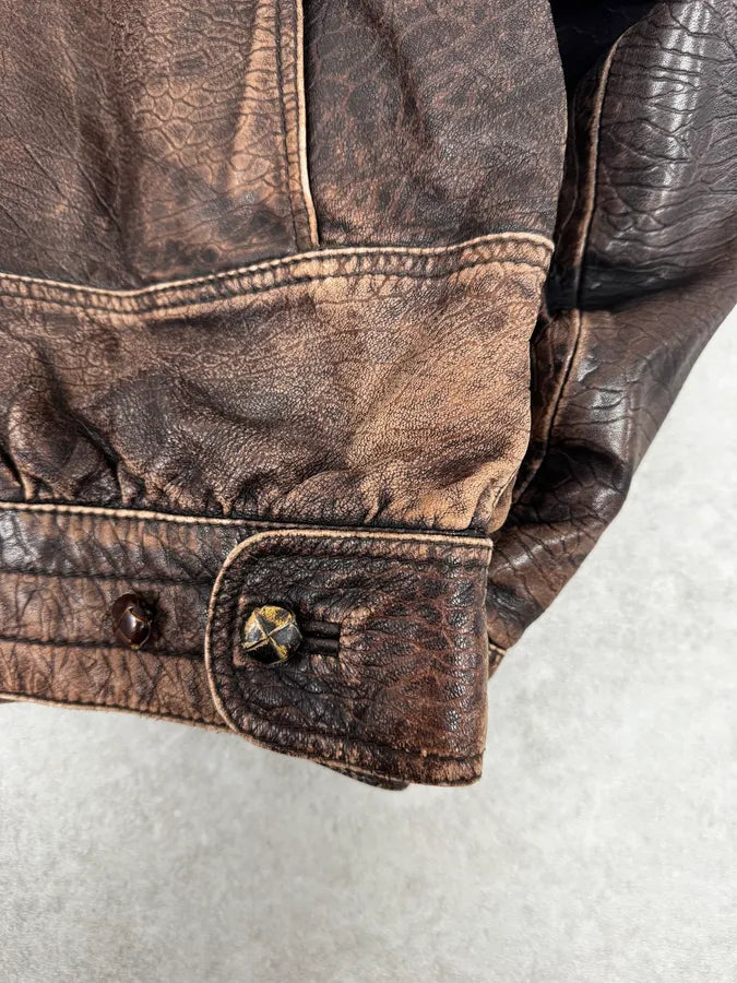 2000s Archive Brown Naval Eroded Leather Jacket oyUGRvc 10