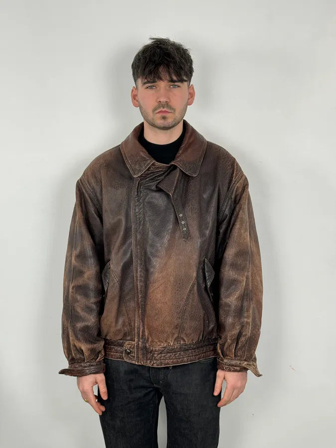 2000s Archive Brown Naval Eroded Leather Jacket oyUGRvc 1