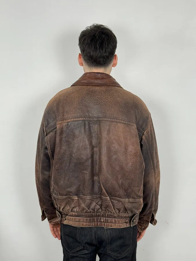 2000s Archive Brown Naval Eroded Leather Jacket oyUGRvc 2
