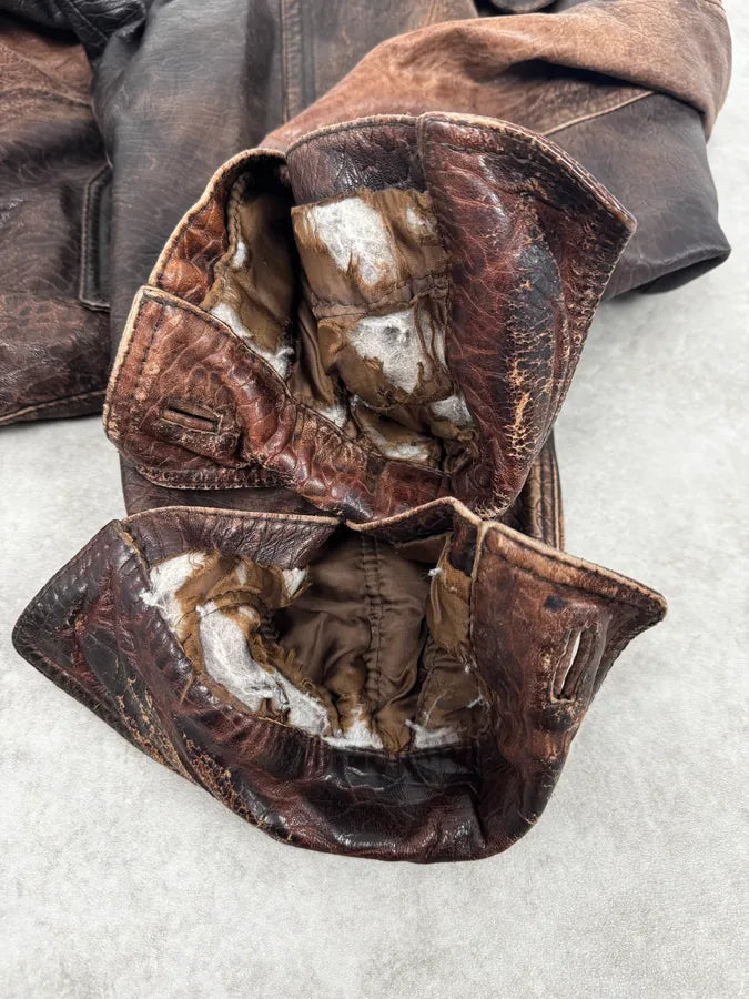 2000s Archive Brown Naval Eroded Leather Jacket oyUGRvc 11