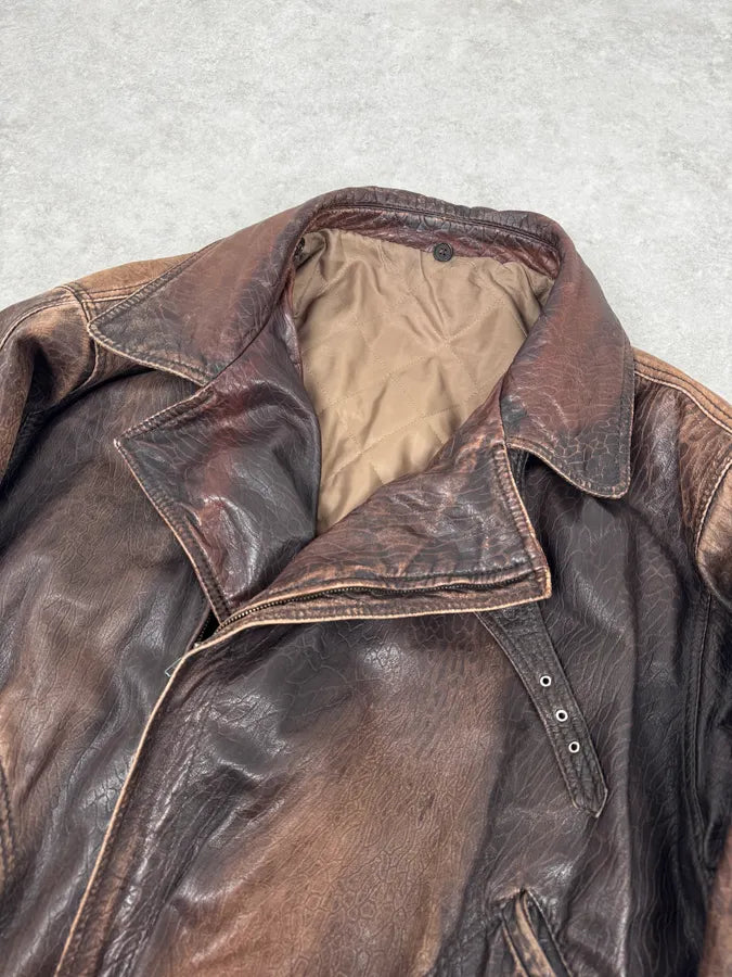 2000s Archive Brown Naval Eroded Leather Jacket oyUGRvc 5