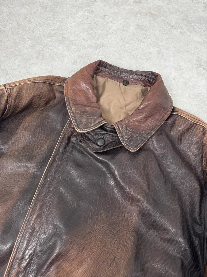 2000s Archive Brown Naval Eroded Leather Jacket oyUGRvc 4