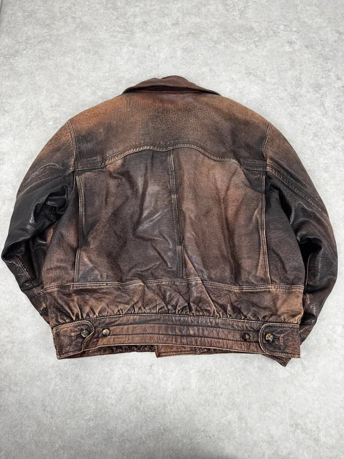 2000s Archive Brown Naval Eroded Leather Jacket oyUGRvc 3