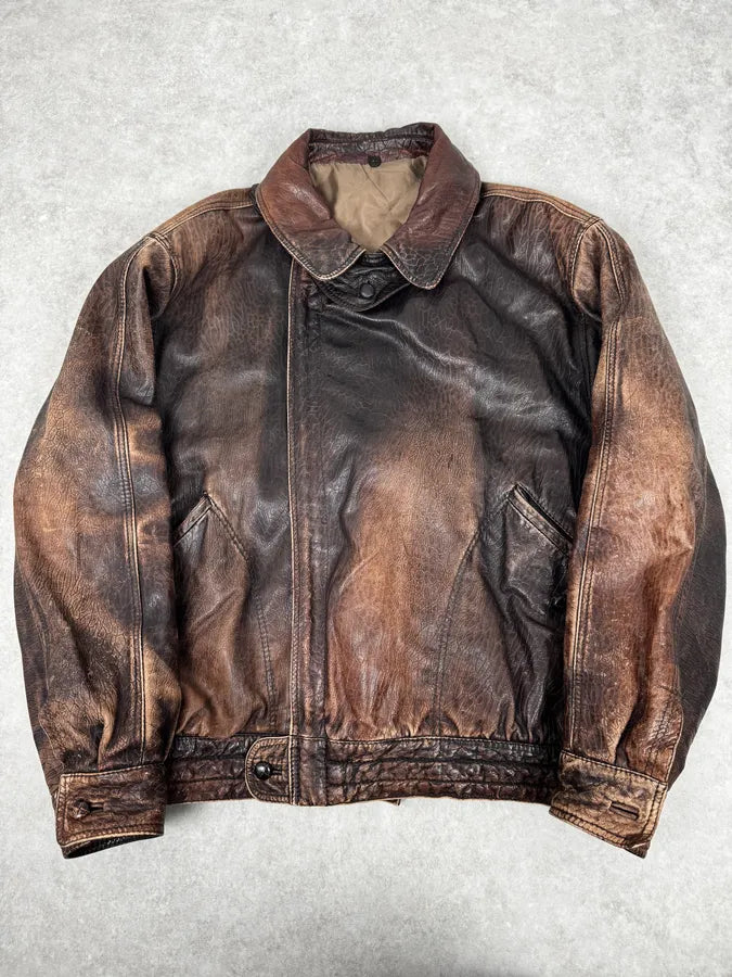 2000s Archive Brown Naval Eroded Leather Jacket oyUGRvc 0
