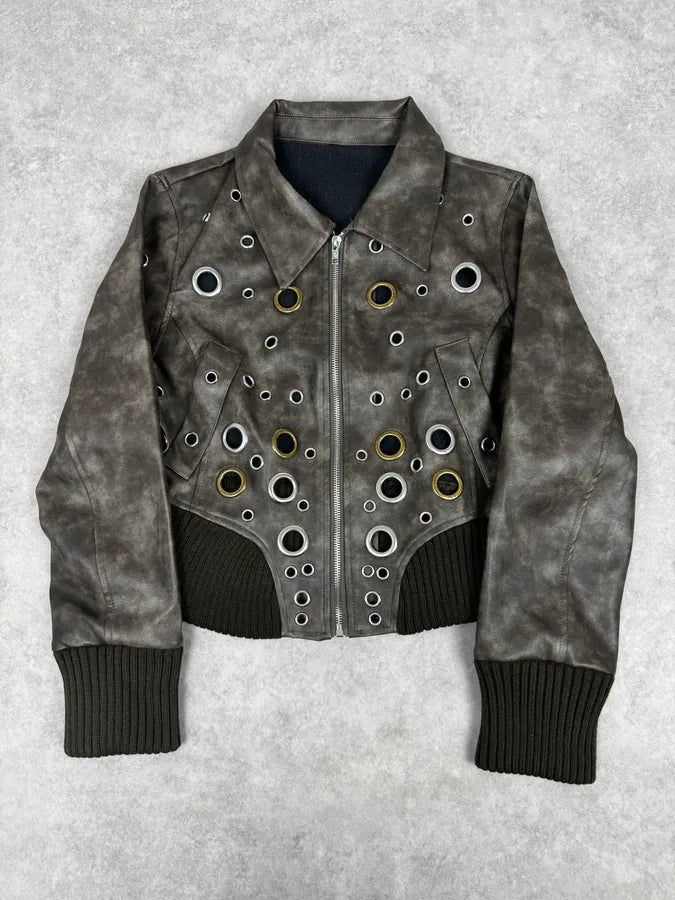 2000s Archive Eylet Brown Eroded Leather Jacket Zixycex 0