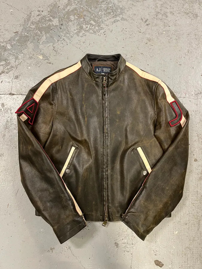 2000s Armani AJ Brown Leather Biker Jacket iPmfZWu 2