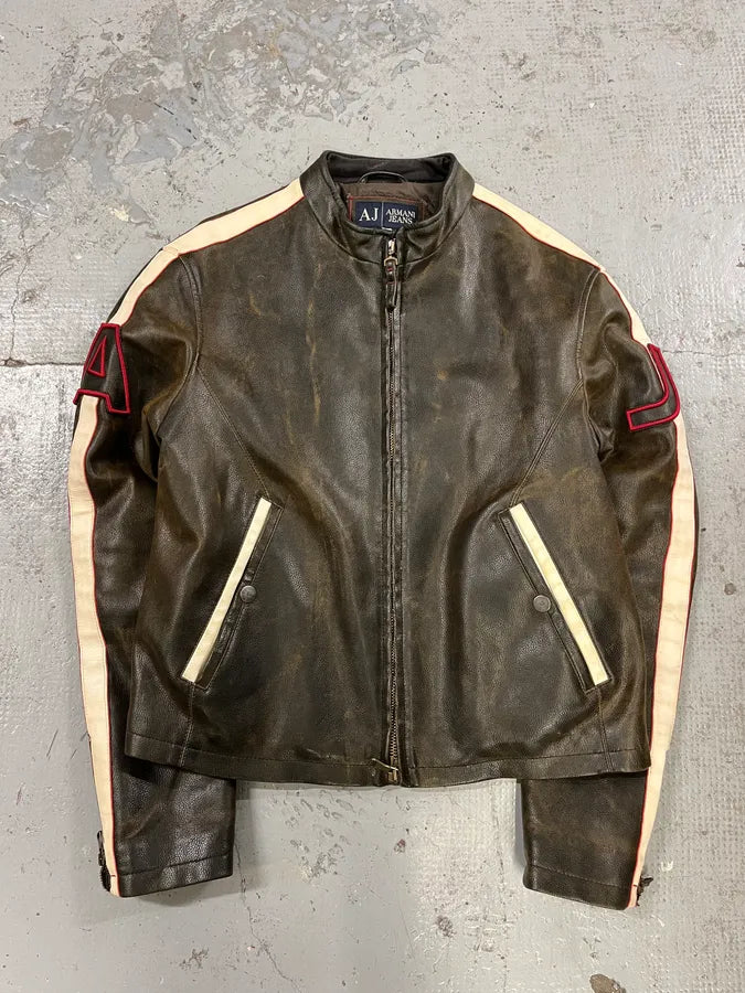 2000s Armani AJ Brown Leather Biker Jacket iPmfZWu 3