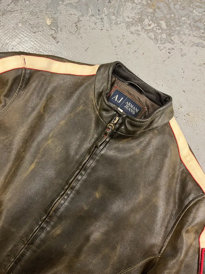 2000s Armani AJ Brown Leather Biker Jacket iPmfZWu 4