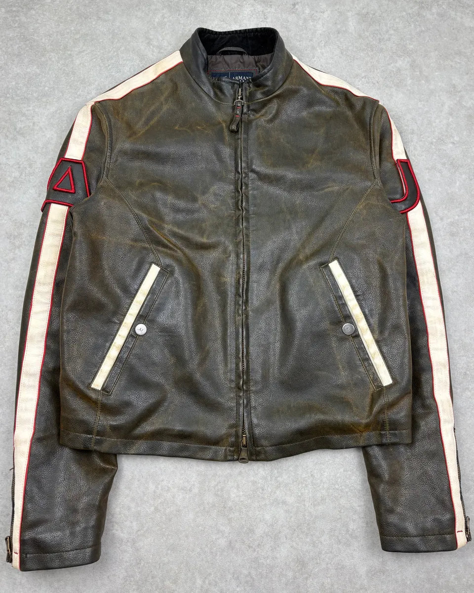2000s Armani Biker Brown Eroded Leather Jacket QgRGYhT 0