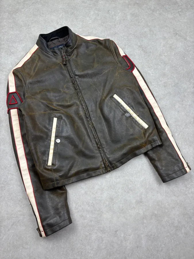 2000s Armani Biker Brown Eroded Leather Jacket QgRGYhT 3