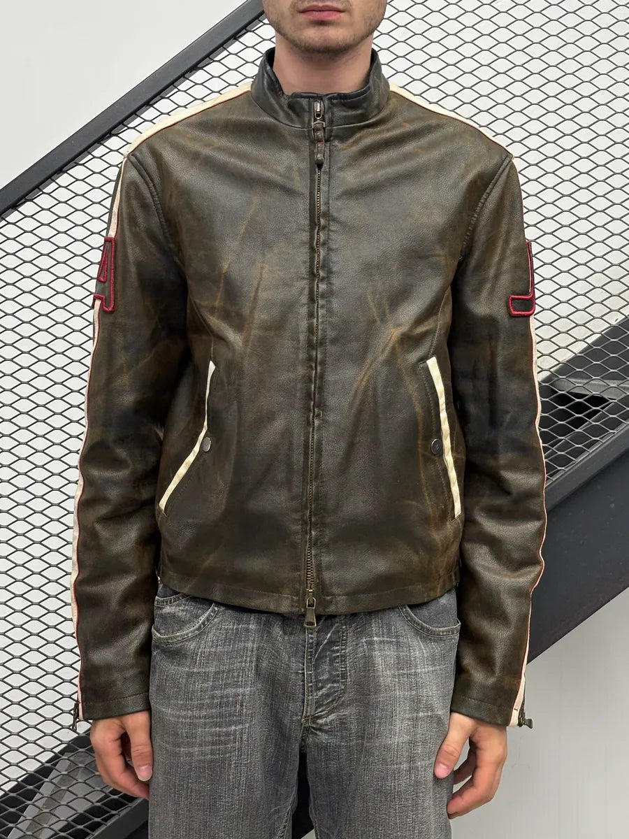 2000s Armani Biker Brown Eroded Leather Jacket QgRGYhT 1