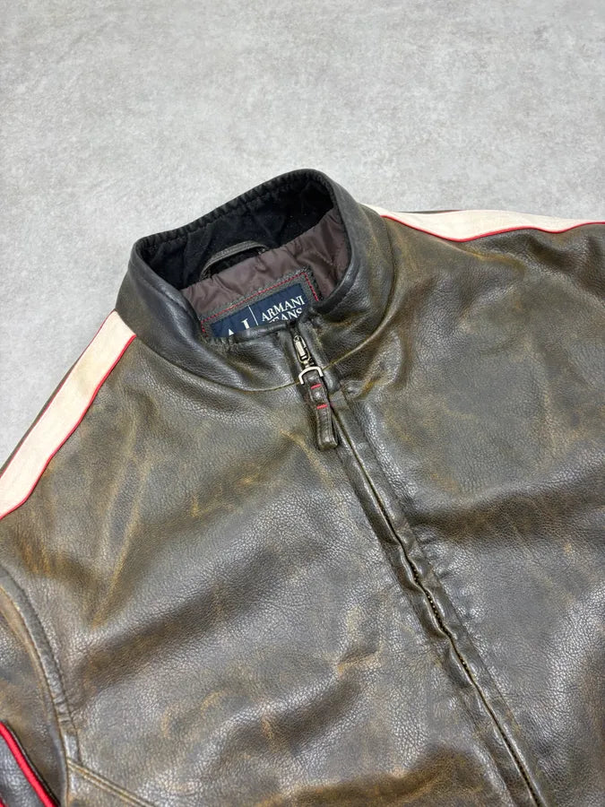 2000s Armani Biker Brown Eroded Leather Jacket QgRGYhT 4