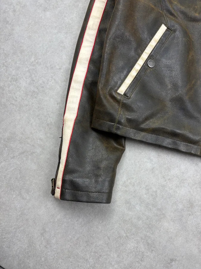 2000s Armani Biker Brown Eroded Leather Jacket QgRGYhT 7