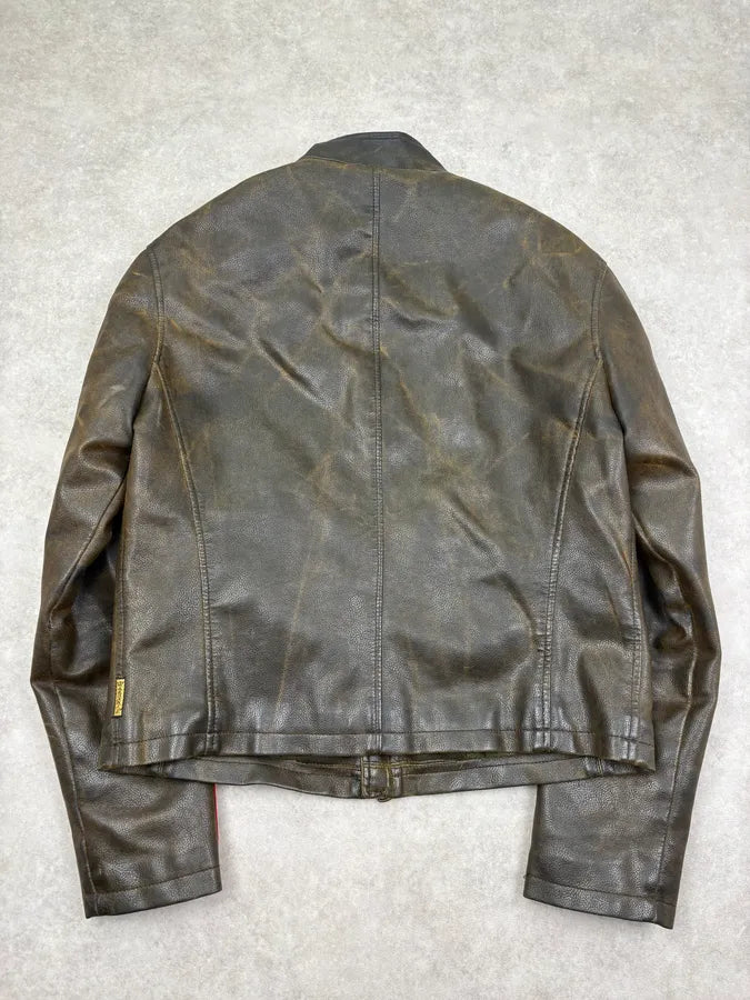 2000s Armani Biker Brown Eroded Leather Jacket QgRGYhT 5