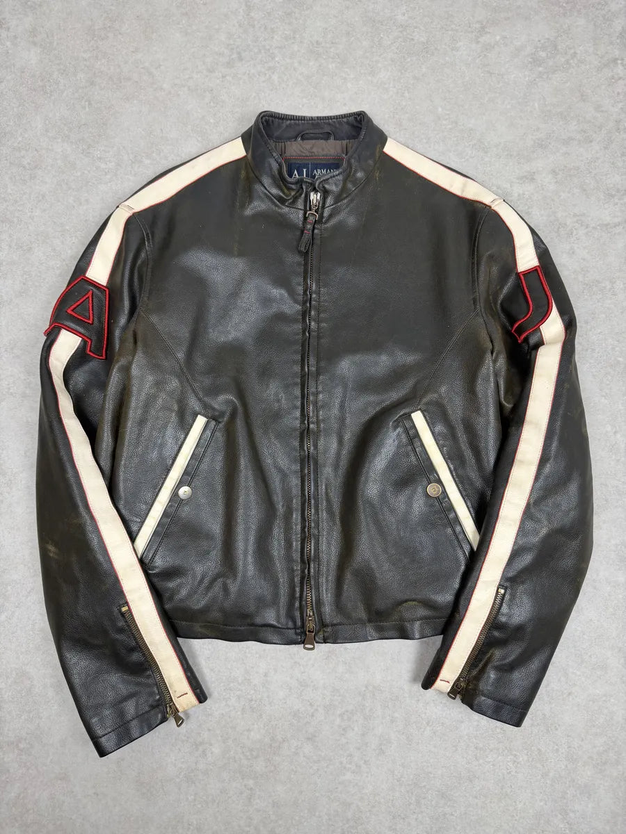 2000s Armani AJ Dark Biker Leather Jacket kBPaFKQ 0