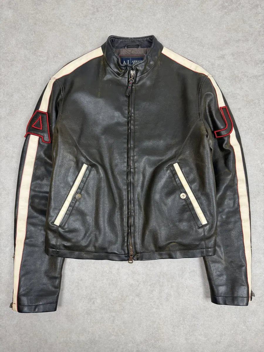 2000s Armani AJ Dark Biker Leather Jacket kBPaFKQ 4