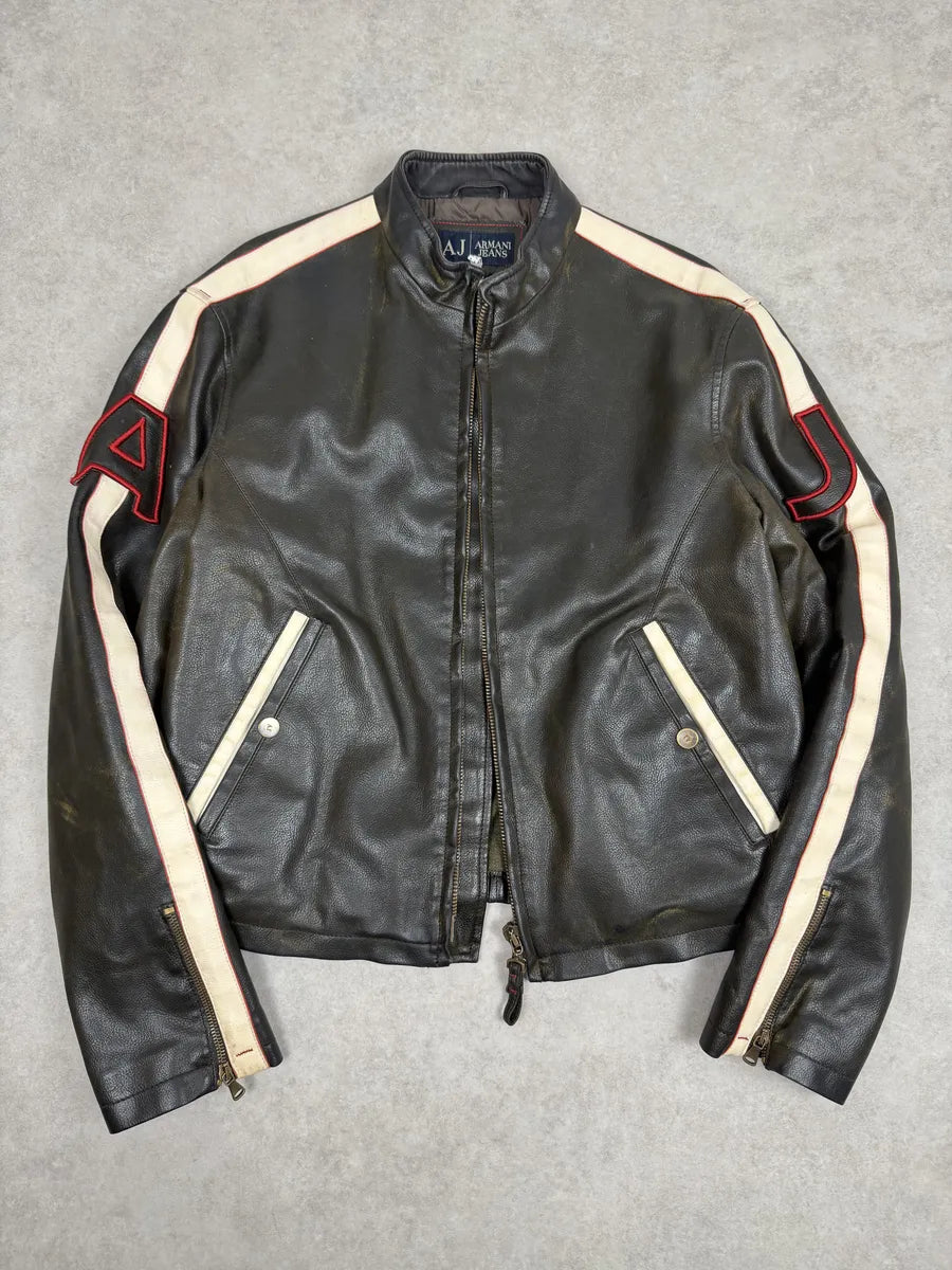 2000s Armani AJ Dark Biker Leather Jacket kBPaFKQ 5