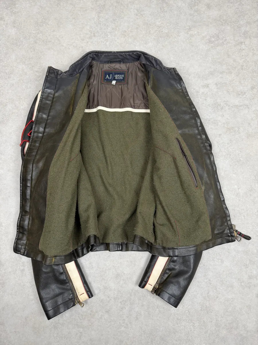 2000s Armani AJ Dark Biker Leather Jacket kBPaFKQ 6