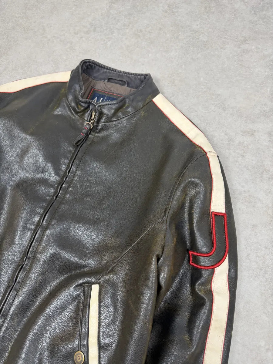 2000s Armani AJ Dark Biker Leather Jacket kBPaFKQ 8