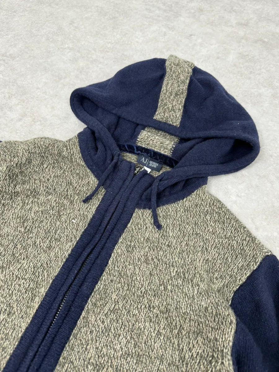 2000s Armani Beige & Navy Wool Zip-up Hoodie xPhbExh 4