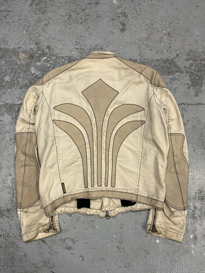 2000s Armani Beige Fleur De Lys Hybrid Leather Biker Jacket aCtlOkG 0