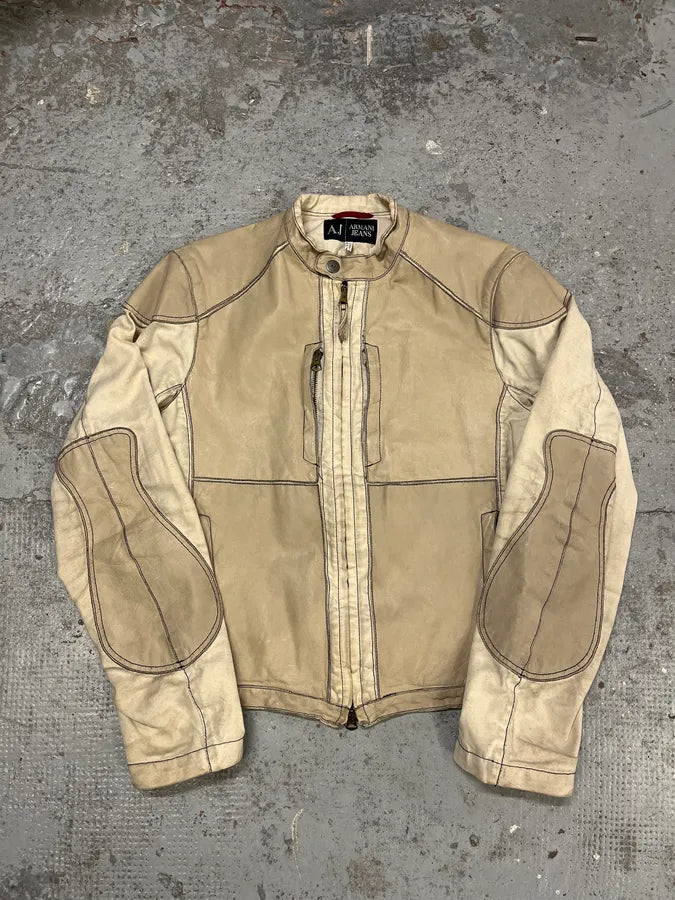 2000s Armani Beige Fleur De Lys Hybrid Leather Biker Jacket aCtlOkG 1