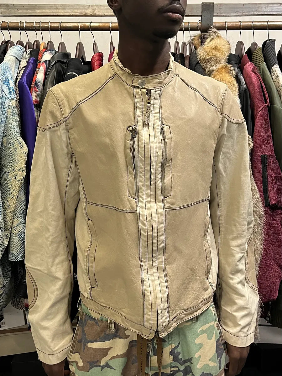 2000s Armani Beige Fleur De Lys Hybrid Leather Biker Jacket aCtlOkG 3