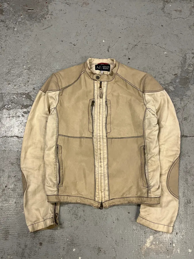 2000s Armani Beige Fleur De Lys Hybrid Leather Biker Jacket aCtlOkG 4