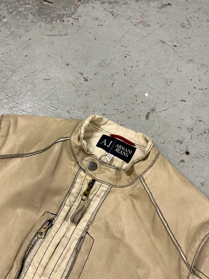 2000s Armani Beige Fleur De Lys Hybrid Leather Biker Jacket aCtlOkG 5