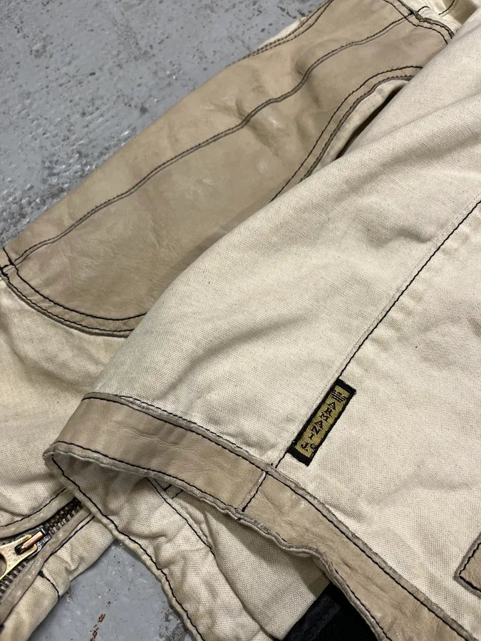 2000s Armani Beige Fleur De Lys Hybrid Leather Biker Jacket aCtlOkG 8