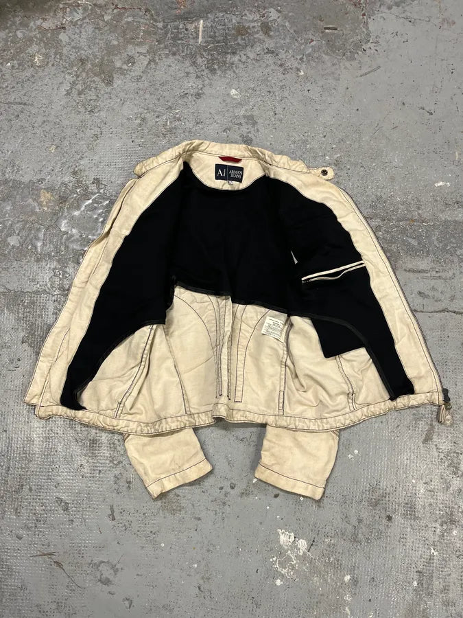 2000s Armani Beige Fleur De Lys Hybrid Leather Biker Jacket aCtlOkG 9
