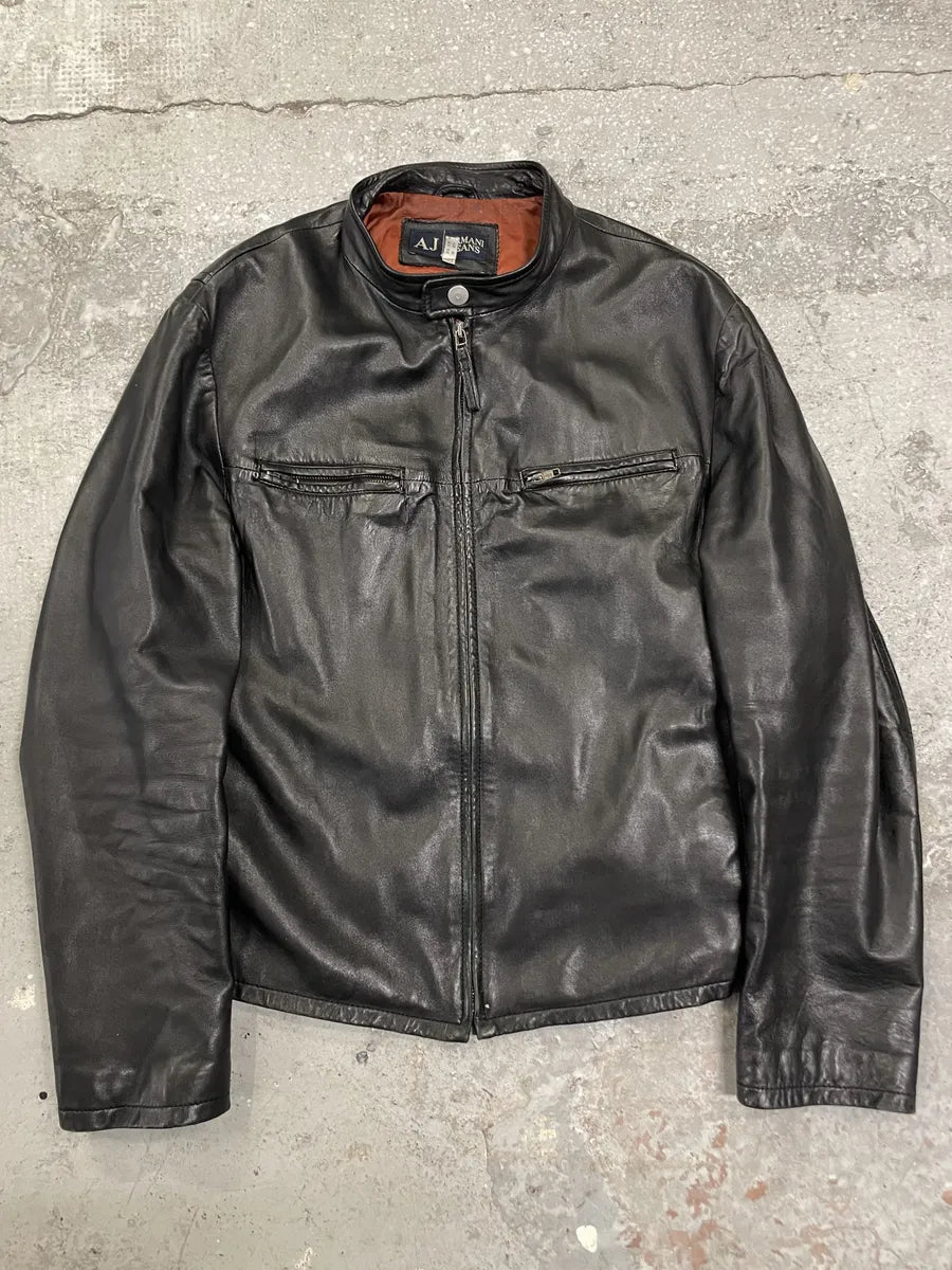2000s Armani Biker Black Leather Jacket fMxkzjp 0