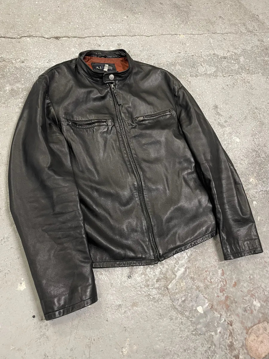 2000s Armani Biker Black Leather Jacket fMxkzjp 8
