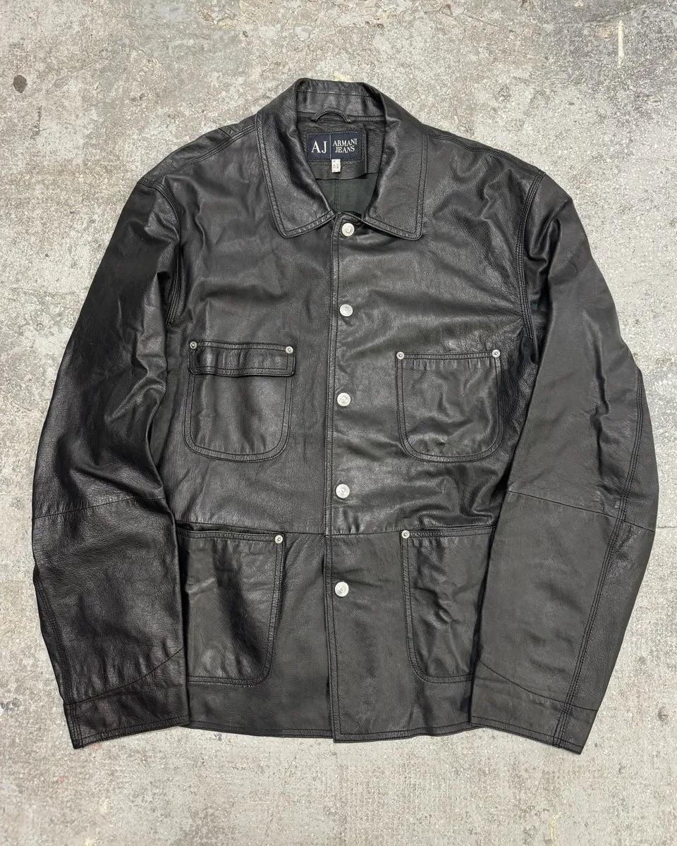 2000s Armani Black Buttoned Leather Jacket WnUjosx 0