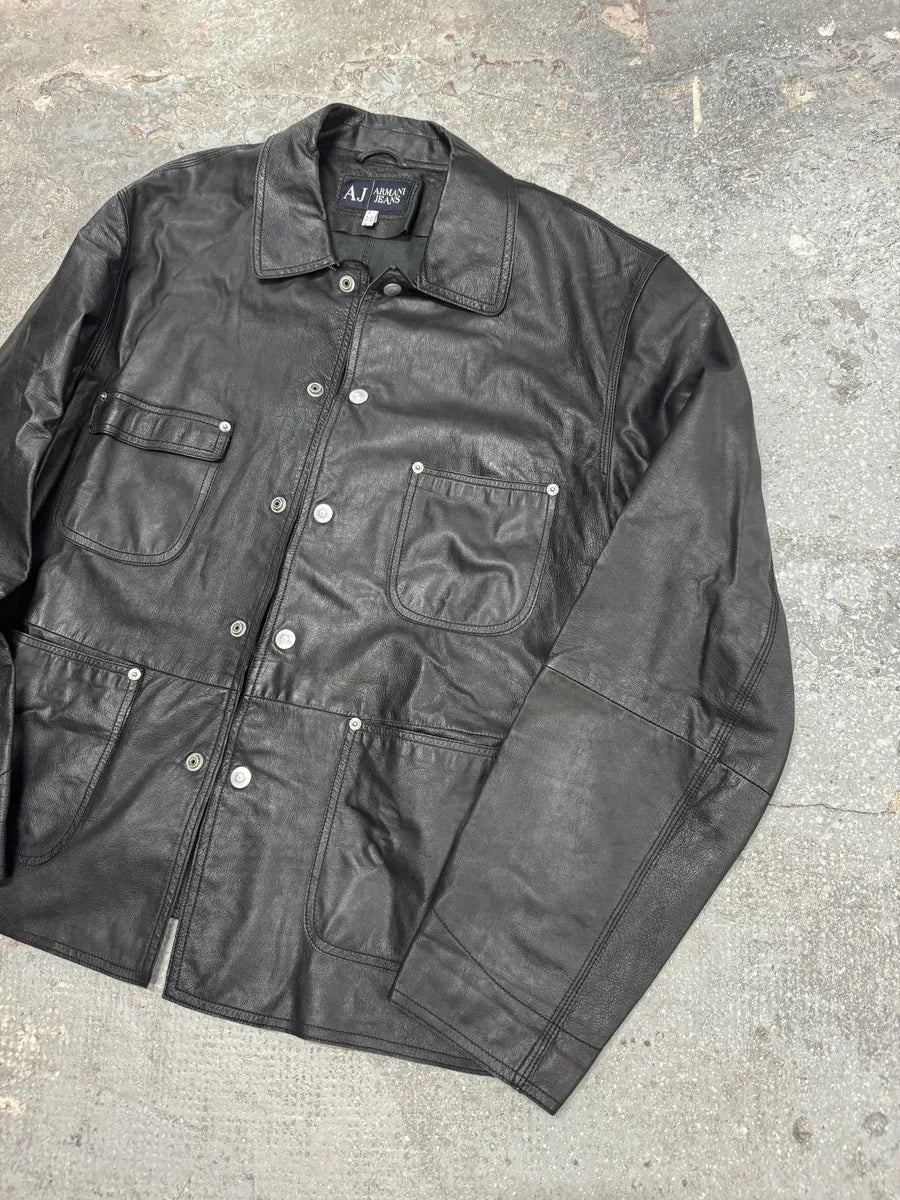 2000s Armani Black Buttoned Leather Jacket WnUjosx 2