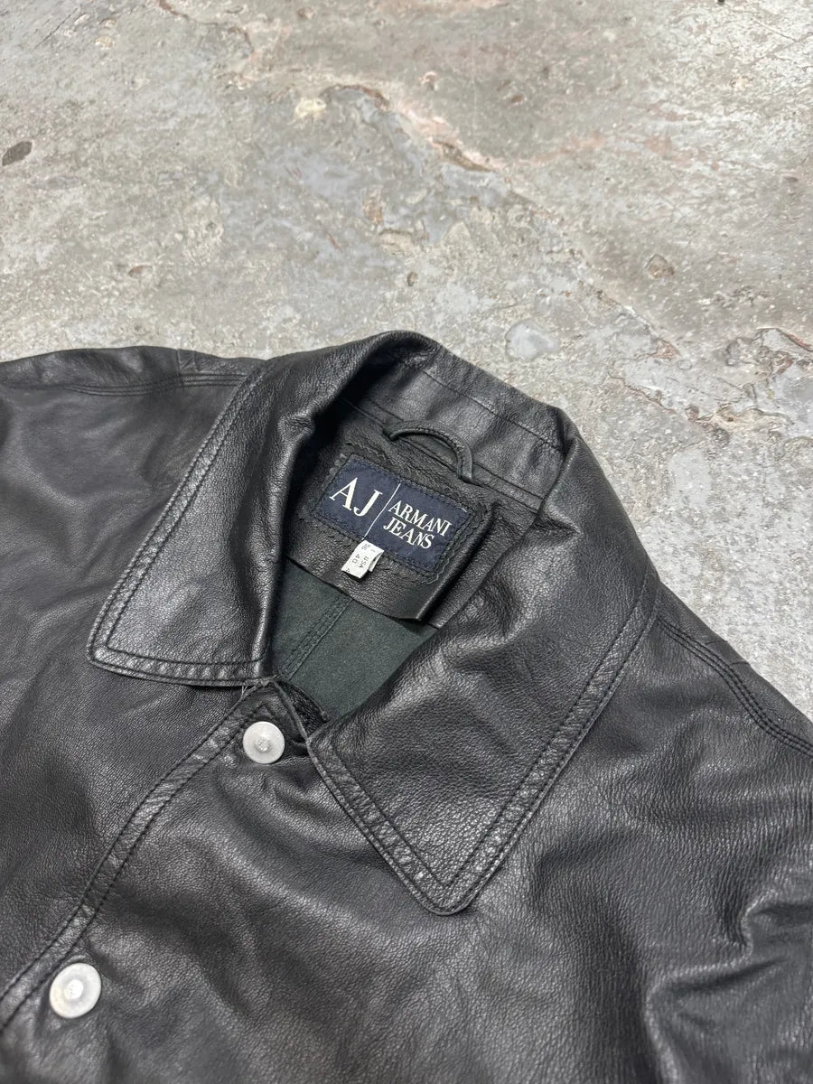 2000s Armani Black Buttoned Leather Jacket WnUjosx 5